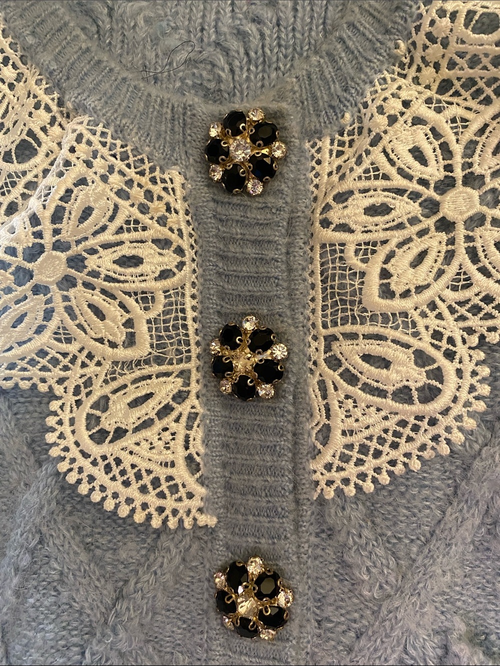 Self-Portrait Pale Blue Cable-Knit Cardigan with Lace Collar - Picture 3 of 7